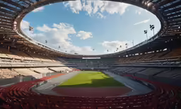 the inside of a stadium with seats facing down