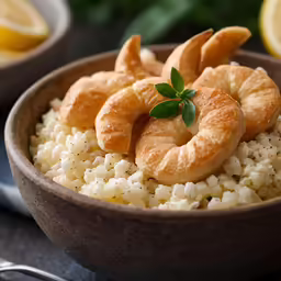 a wooden bowl filled with rice, shrimp and creme