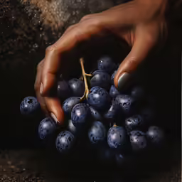 a hand holding some grapes on top of a wooden table