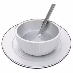 a bowl and saucer are on a platter