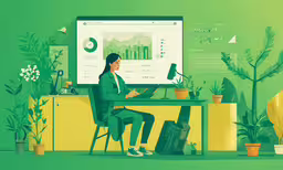 a graphic image of woman sitting in front of a screen,a man sits at a table, in front of a big monitor, with plants