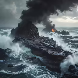 a fire extinguisher burning in the sky over a rocky ocean