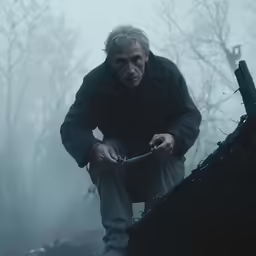 a man standing over a black object in the middle of a forest