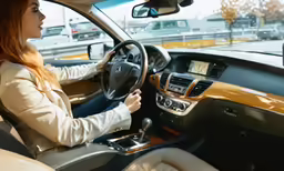 a woman driving a vehicle on a highway