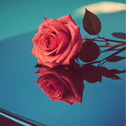 a rose with a lot of green leaves in front of a blue wall