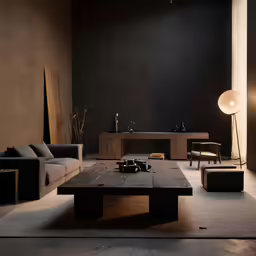 an elegant living room with a black and beige color scheme