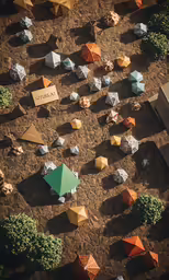 a collection of colorful umbrellas on sand with trees and bushes