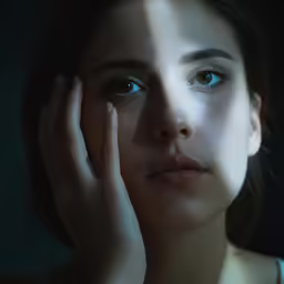 a woman with blue eyes looks to her left
