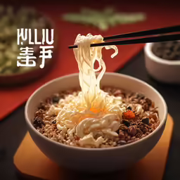 a white bowl with noodles and sauce being lifted with chopsticks