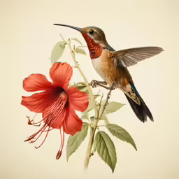 a bird sitting on a branch with red flower