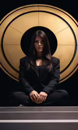 woman in business attire sitting on the ground with a large wooden plaque behind her