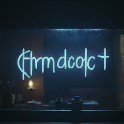 an illuminated neon sign that says fimm dact next to a small table