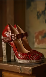 the red heels are sitting on a table