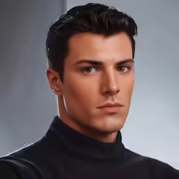 the man has a hairdo in a black turtle neck