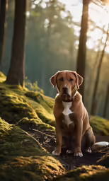a dog with brown and white fur sitting on a forest floor