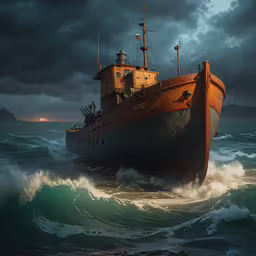 a ship riding across a large body of water,large cargo ship in rough, choppy ocean at night