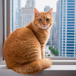 an orange cat sitting on top of a windowsill