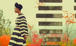 woman standing in front of fall foliage in black and white stripes