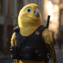 a yellow stuffed bird with a gun is holding a gun