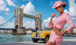 a woman in a short pink outfit standing next to a yellow car