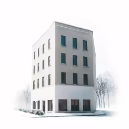 a painting of a white building with multiple floors and windows