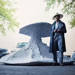 a man standing next to a huge sculpture