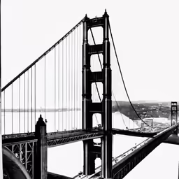 a black and white image of a suspension bridge