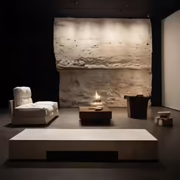 a modern room with two reclinings and a lit candle