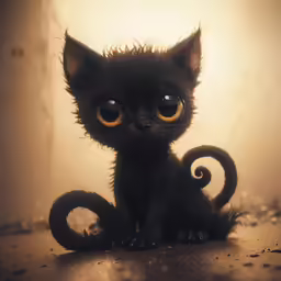 a small black kitten with glowing eyes sitting on the ground