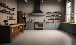 a large kitchen that has some wooden shelves