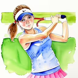 watercolor illustration of a tennis player in action,a girl holding up a tennis racquet,a woman with a tennis racket is shown in this drawing,a girl swings at the tennis ball with a racket,a drawing of a female tennis player in action