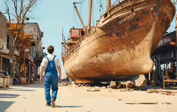 a man in overalls walks next to a large wooden boat