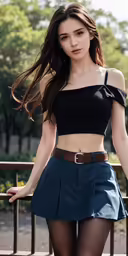a young woman with brown hair and a crop top