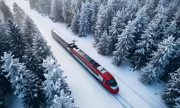 a red train is on the tracks through the snowy forest