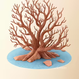 an image of a sculpture of a tree on a circle of blue