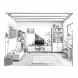 a drawing of a living room with furniture and a rug