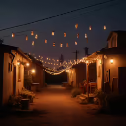 a street with some lights hanging in the night
