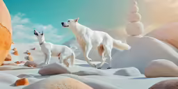 two white dog and a fawn are standing on a rock covered beach