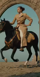 a woman in the military uniform riding on a horse through an archway