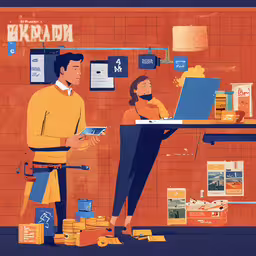 a poster of a man and a woman at a table,there are many images on this painting of a woman and man at a desk