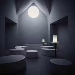 a room with circular tables and a big window