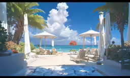 the lounge chairs are lined up beside the ocean
