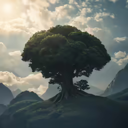 an artfully styled photo of a tree on a grassy hill