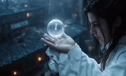 a woman holding an electric ball up to her face