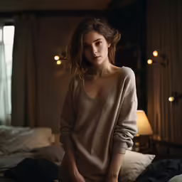 a woman sitting on a bed while looking at the camera