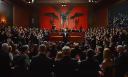 the crowd is sitting at the desk and the man is speaking