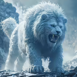 a large white lion on the side of a cliff