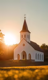 an old white church surrounded by green trees at sunset