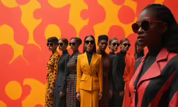 woman standing in front of a row of colorful women