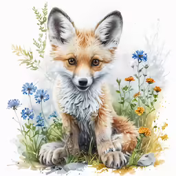 a little red fox is sitting in some flowers
